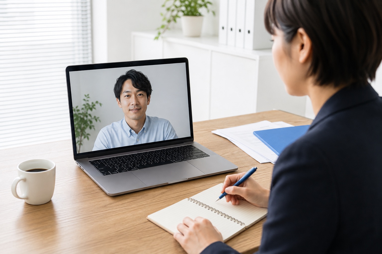 ノートPC越しにAI顧問とオンラインで相談する中小企業の担当者