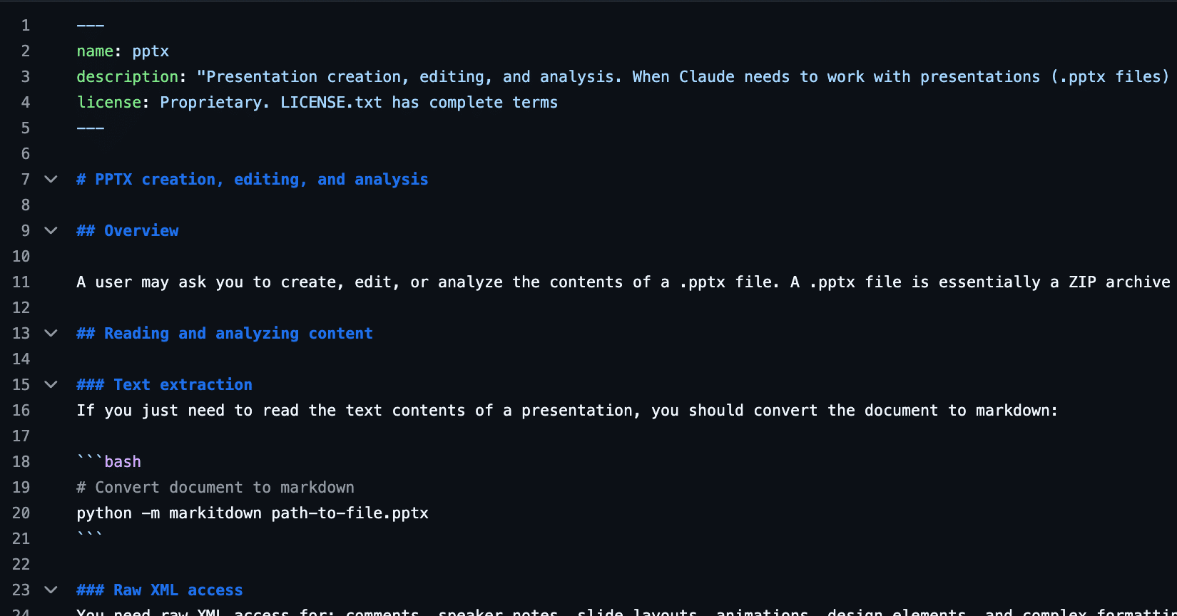 SKILL.mdファイルのヘッダー（YAMLフロントマター）にnameとdescriptionを記述する例