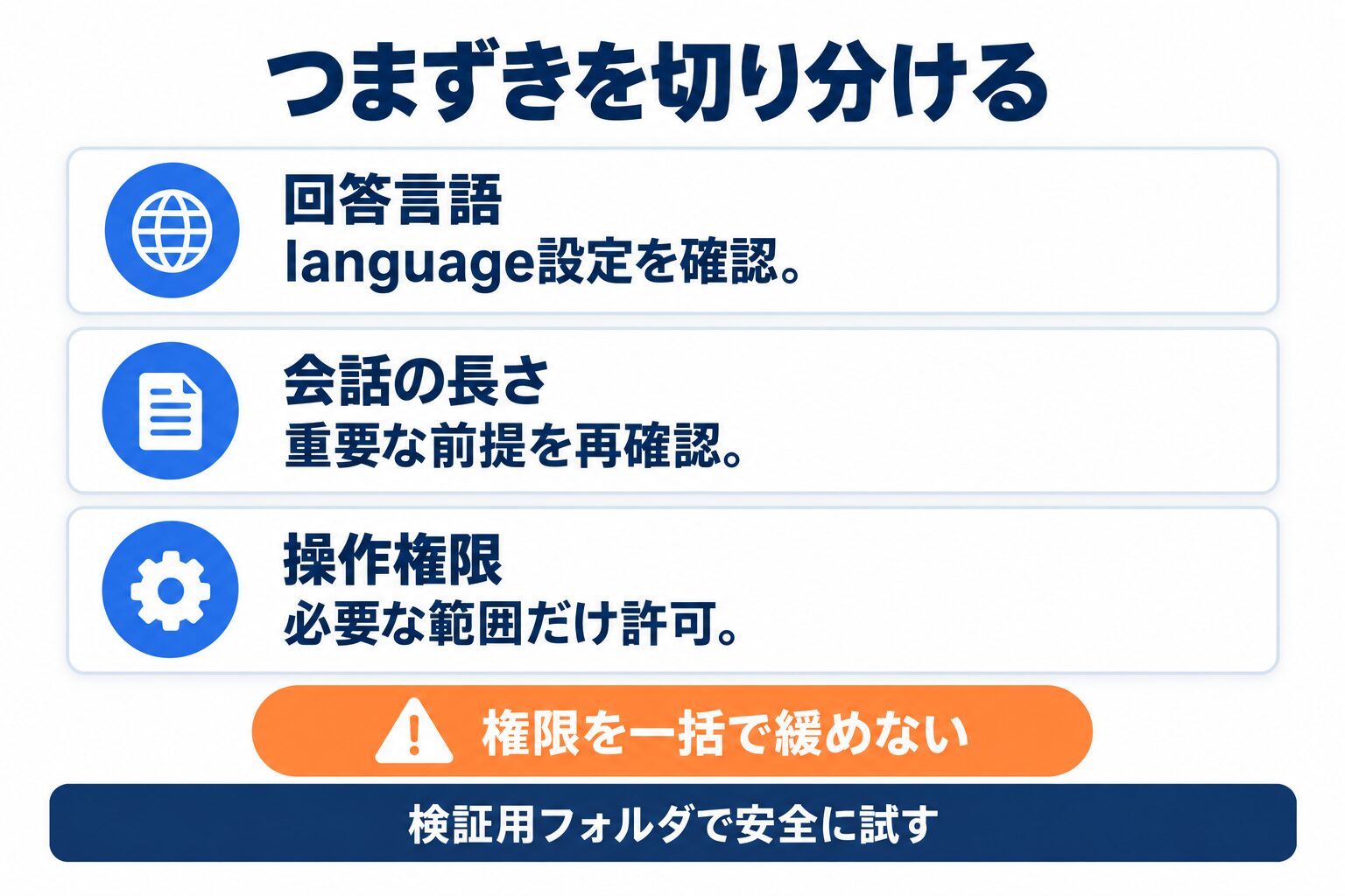 Claude Codeの学習でつまずく回答言語・会話の長さ・操作権限の切り分け